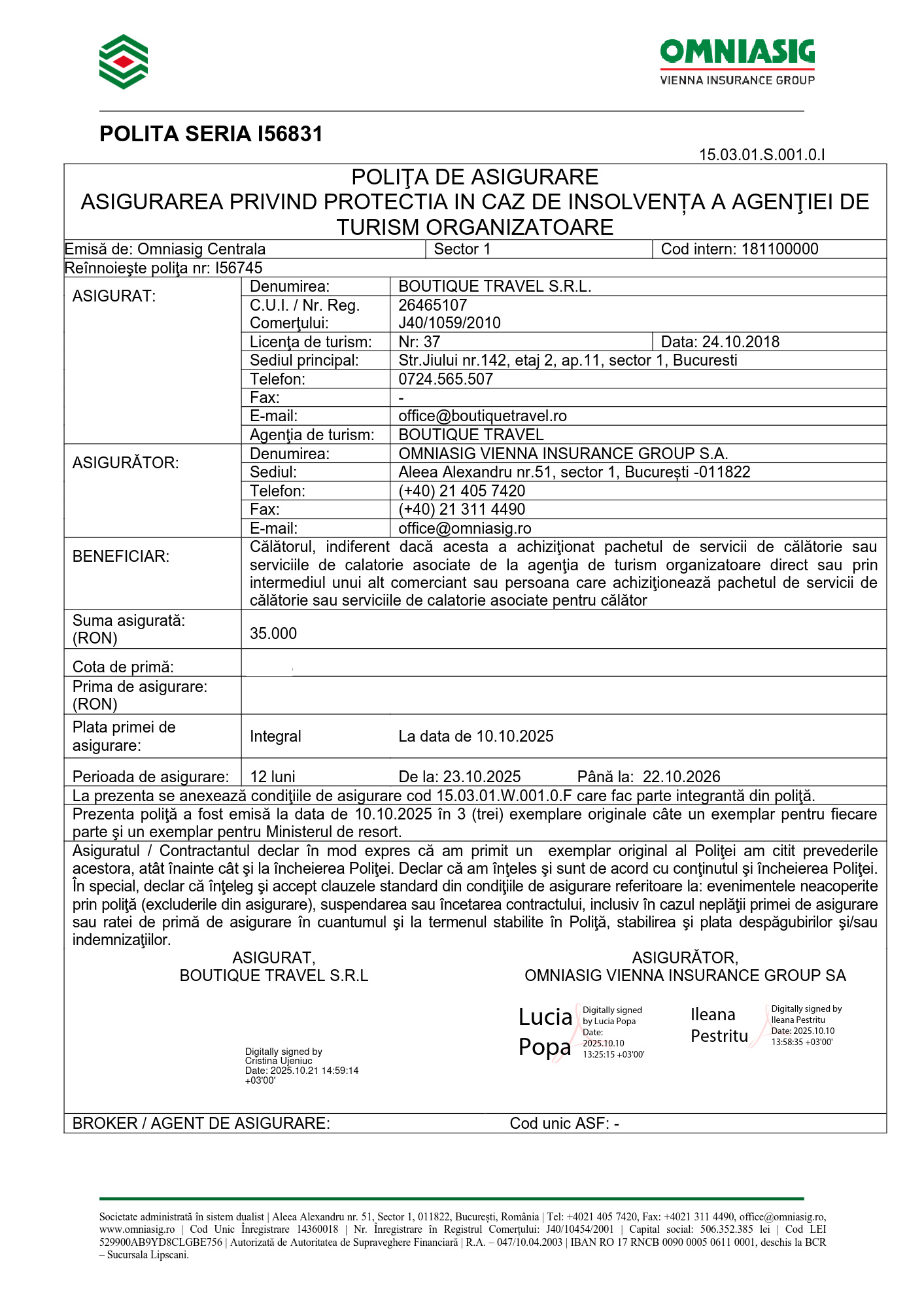 Poliță de asigurare Boutique Travel